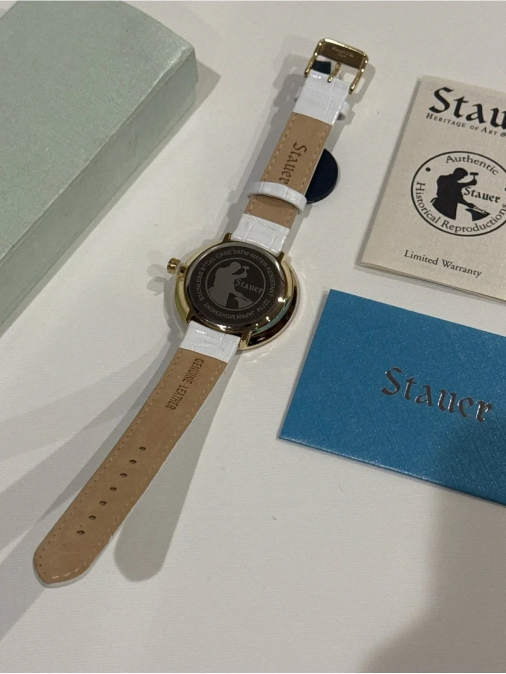 Stauer Womens Pink Baguette Accent Round White Leather Band Watch
